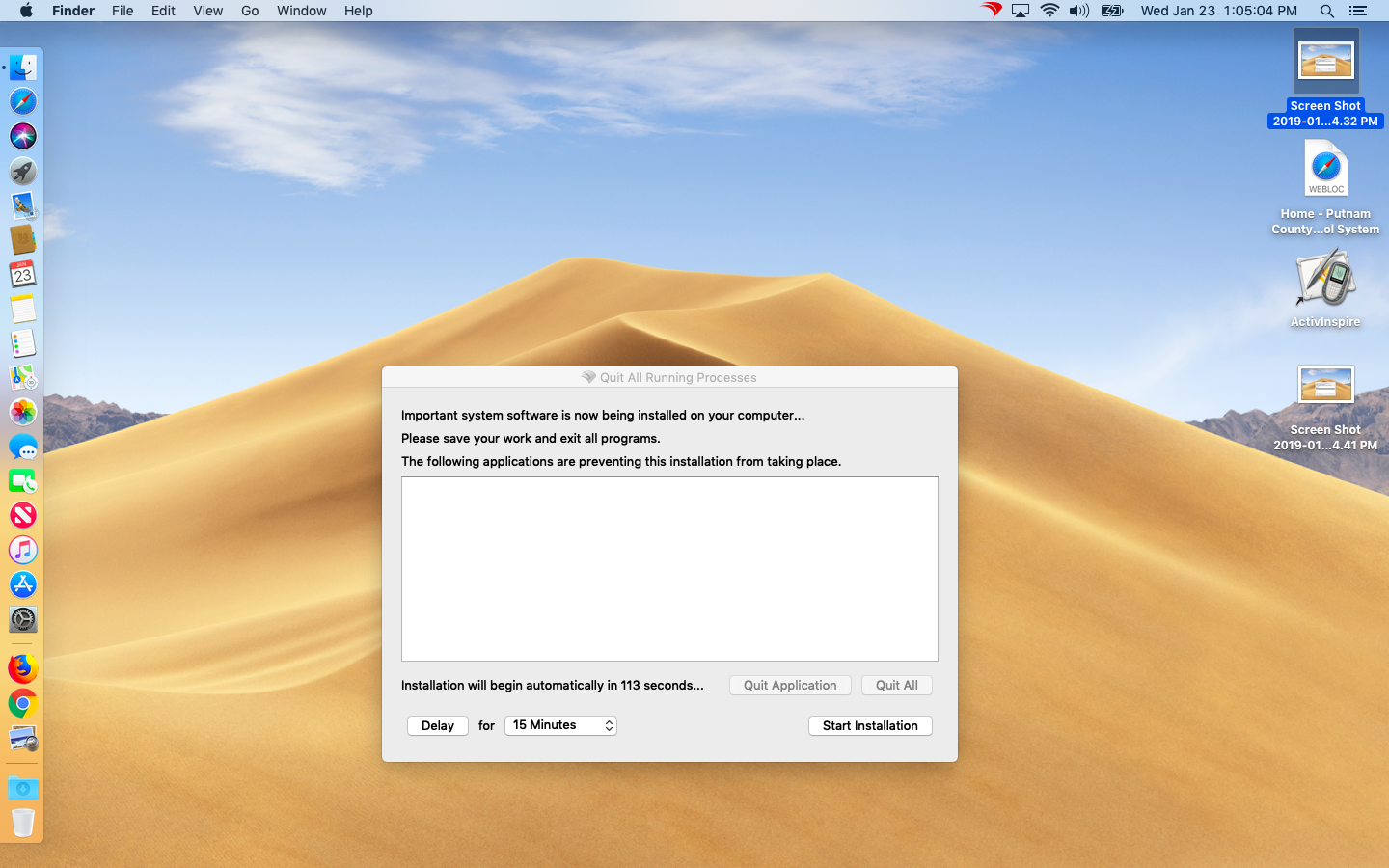 The Quit All Running Processes dialog box. In this case, there are no active applications open.